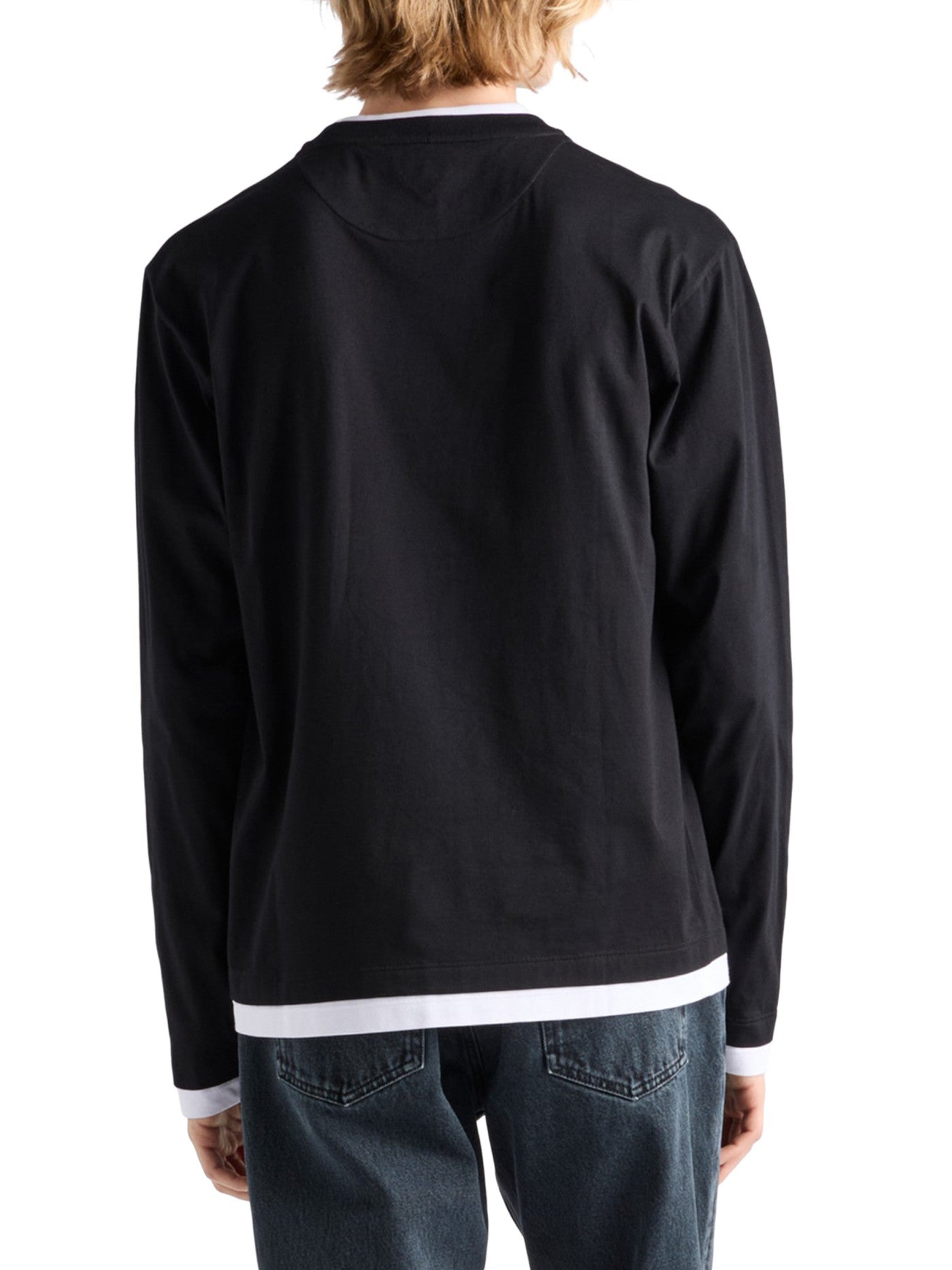Prada Long-Sleeved Cotton T-Shirt in black, back view on a male model with white trim at hem and cuffs