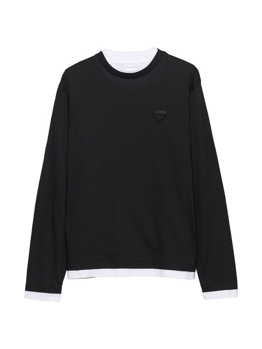 Prada Long-Sleeved Cotton T-Shirt in black, flat front view with contrast white trim at collar and hem