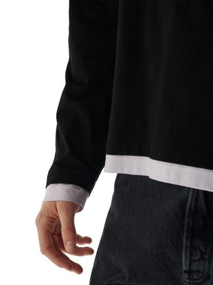 Prada Long-Sleeved Cotton T-Shirt in black, close-up of white cuff and straight hem trim