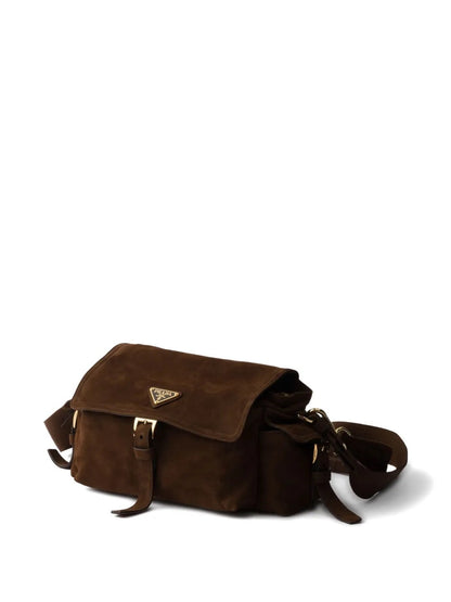 Prada Medium Explore shoulder bag in brown, angle view with triangle logo — The Quiet Edition