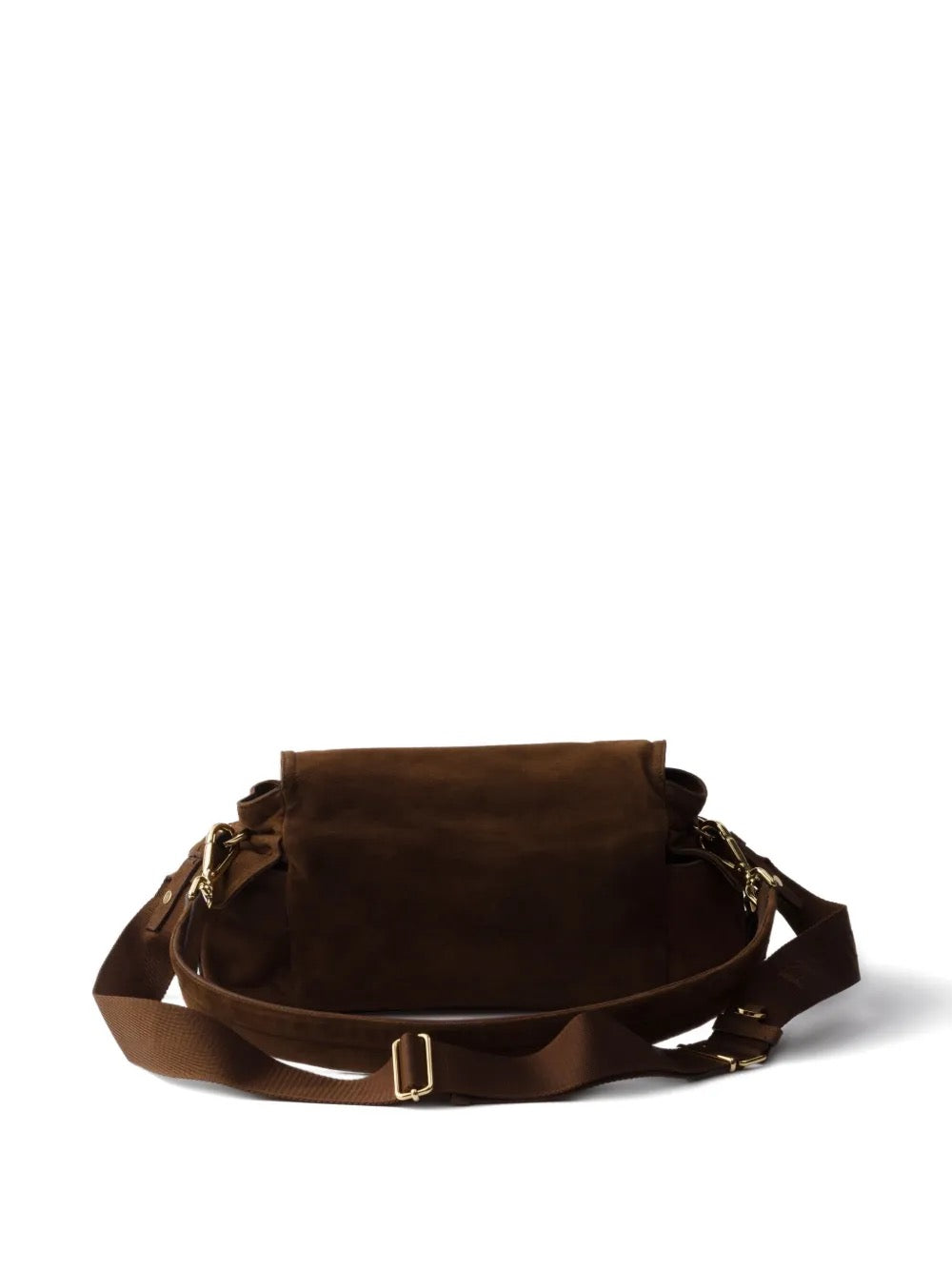Prada Medium Explore shoulder bag in brown, back view with strap — The Quiet Edition