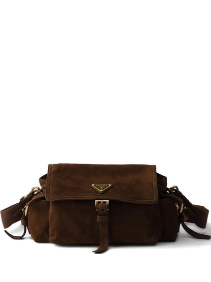 Prada Medium Explore shoulder bag in brown, front view — The Quiet Edition
