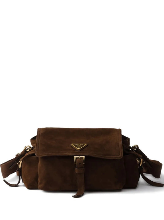 Prada Medium Explore shoulder bag in brown, front view — The Quiet Edition