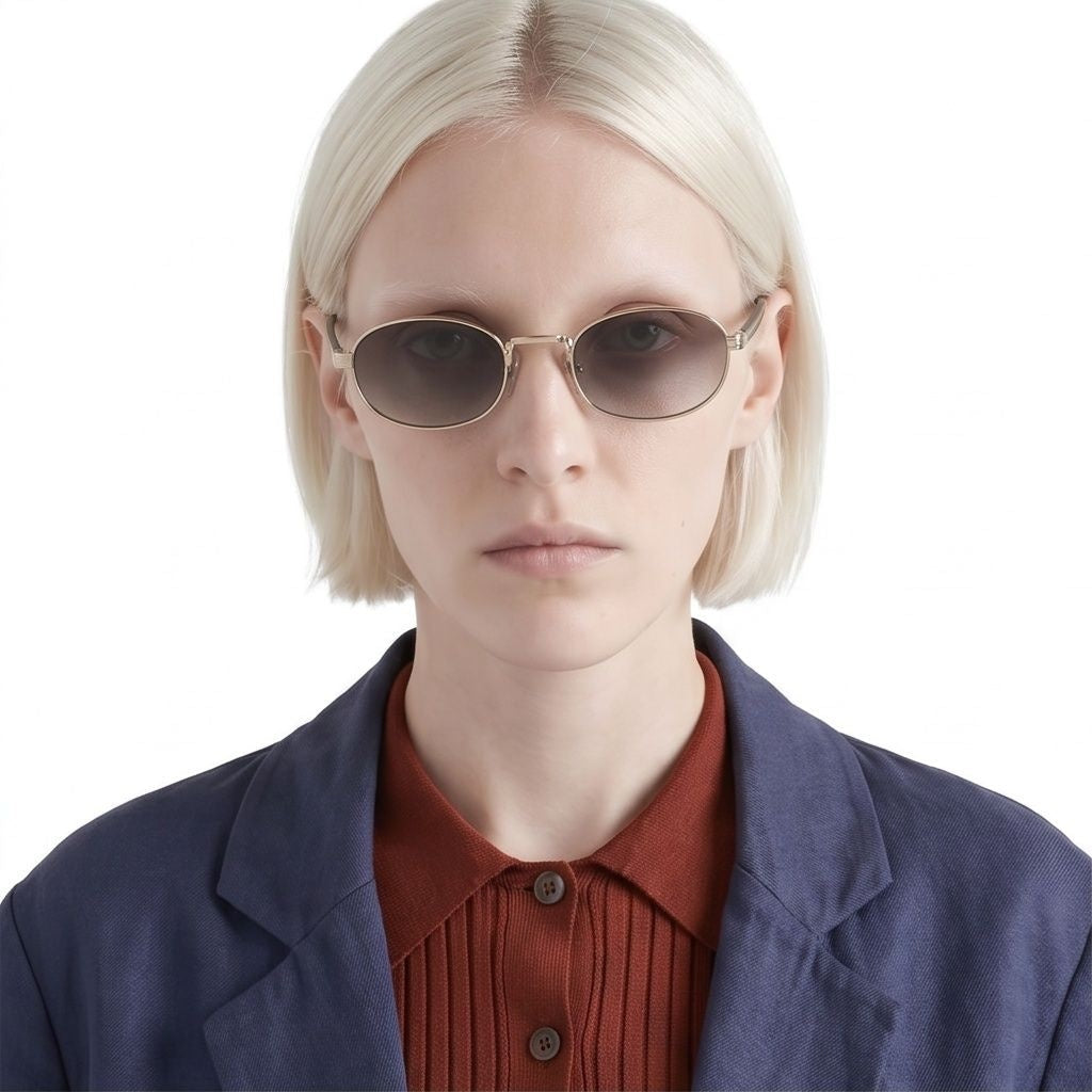 Prada PR B53 oval sunglasses in pale gold, front view on model — The Quiet Edition