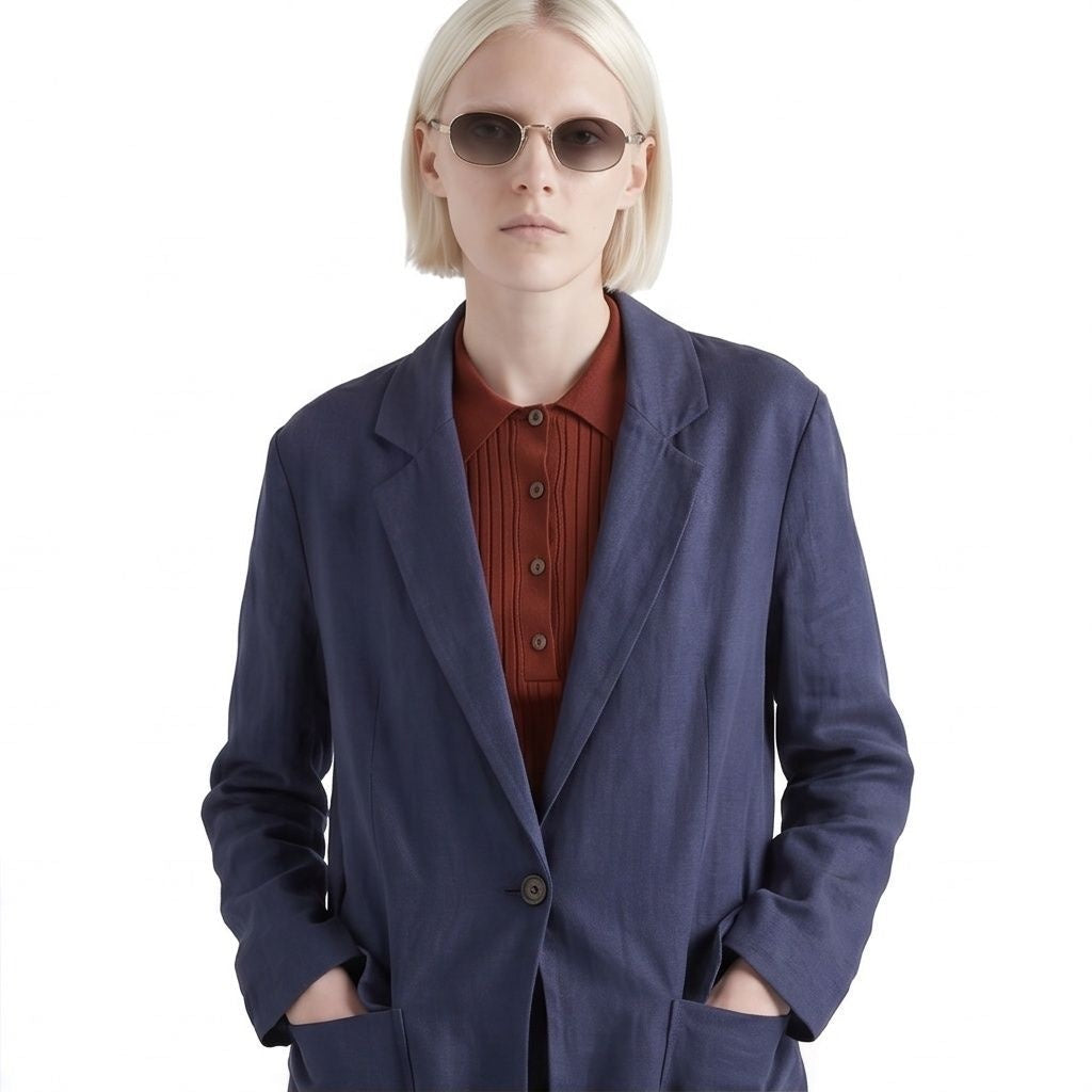 Prada PR B53 oval sunglasses in pale gold, portrait on model — The Quiet Edition