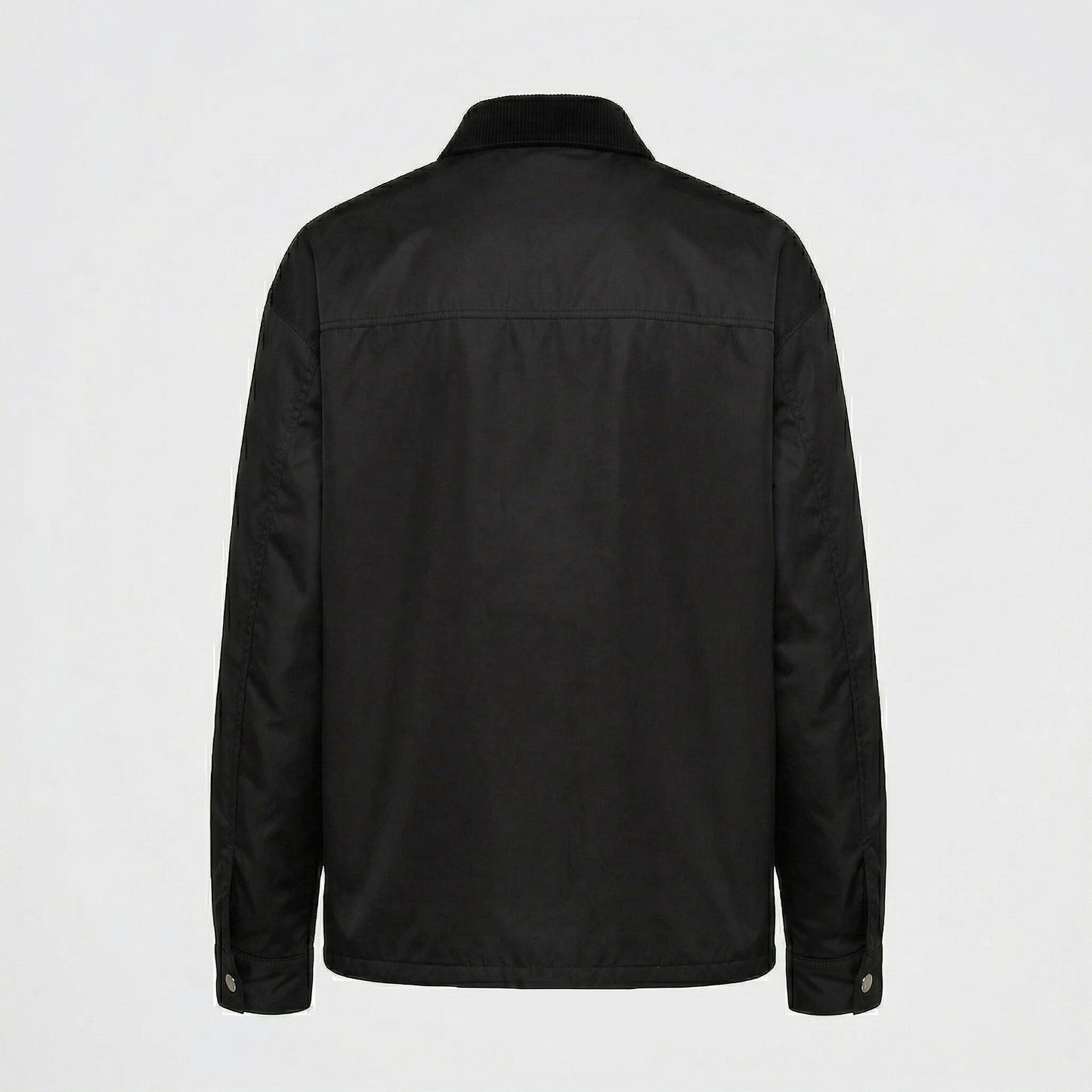 Prada Re-Nylon snap button overshirt in Black, back product — The Quiet Edition