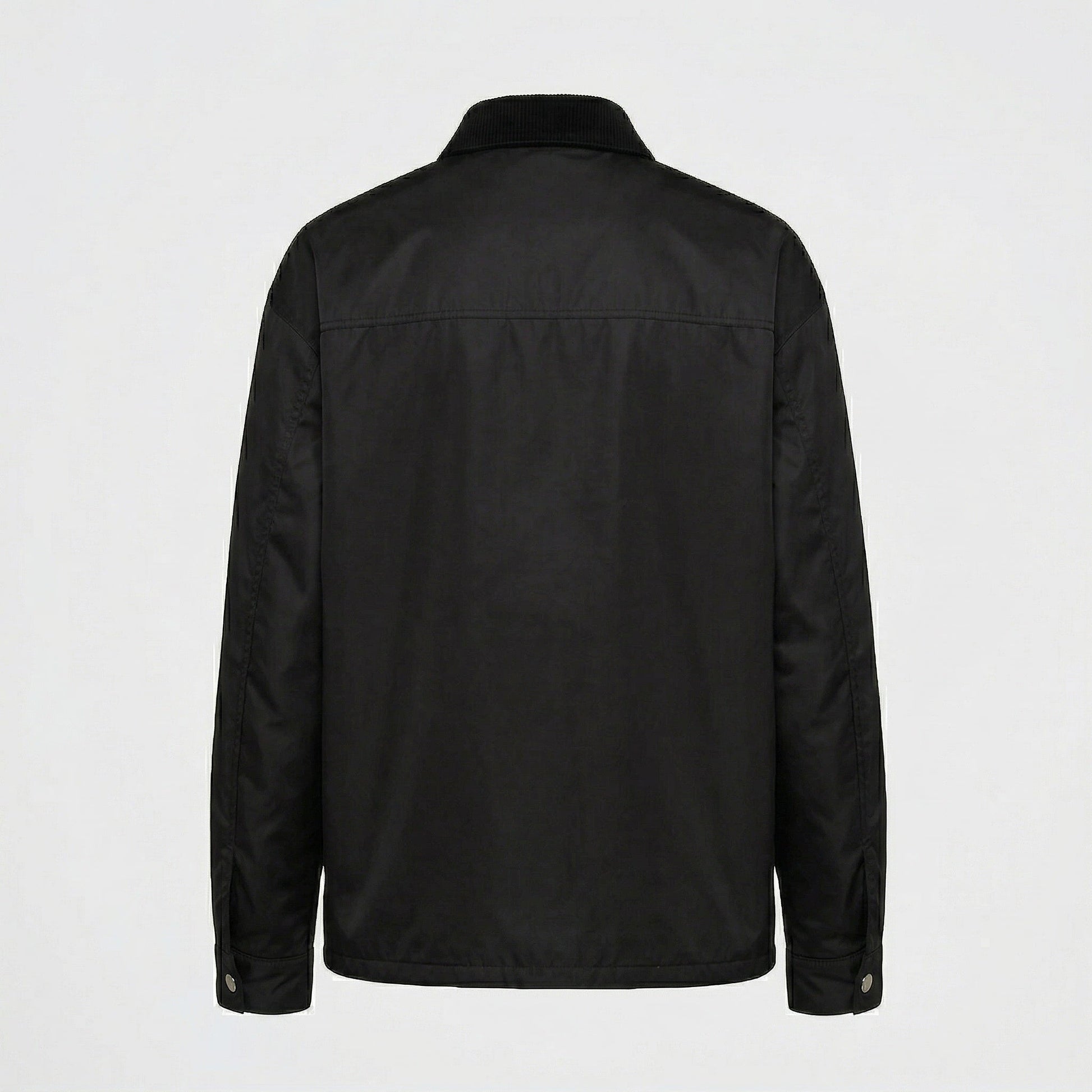 Prada Re-Nylon snap button overshirt in Black, back product — The Quiet Edition