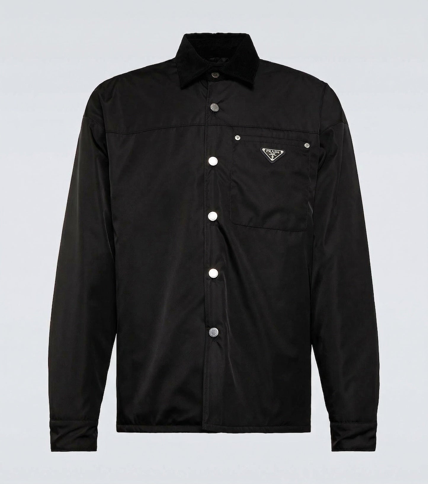 Prada Re-Nylon snap button overshirt in Black, front product — The Quiet Edition