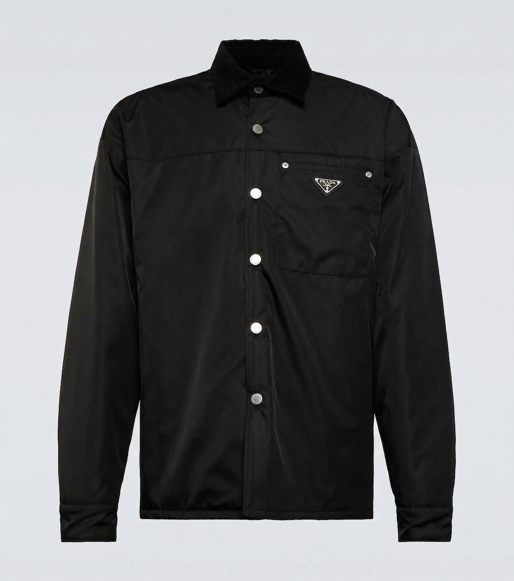 Prada Re-Nylon snap button overshirt in Black, front product — The Quiet Edition