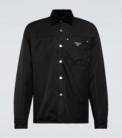 Prada Re-Nylon snap button overshirt in Black, front product — The Quiet Edition