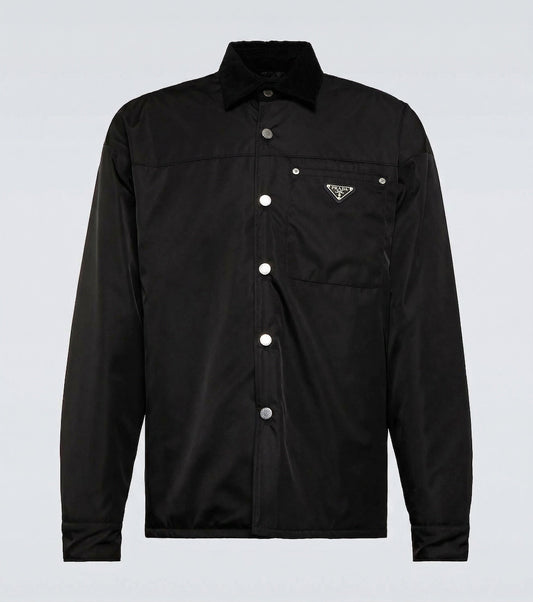 Prada Re-Nylon snap button overshirt in Black, front product — The Quiet Edition