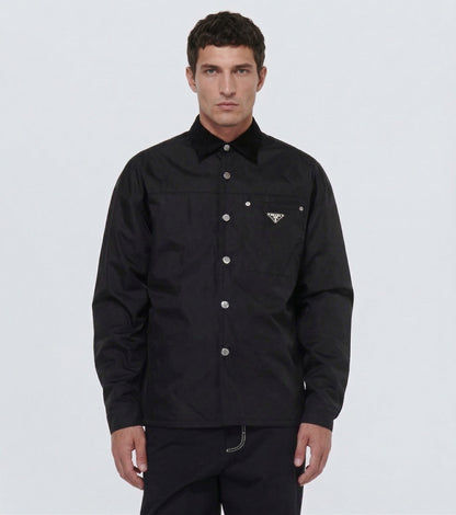 Prada Re-Nylon snap button overshirt in Black, model front — The Quiet Edition