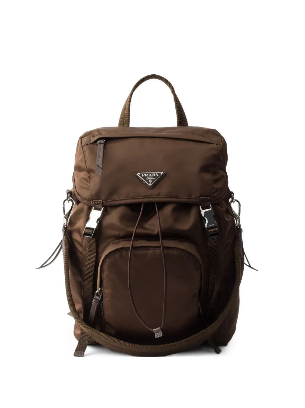 Prada Re-Nylon Backpack in Brown, front — The Quiet Edition