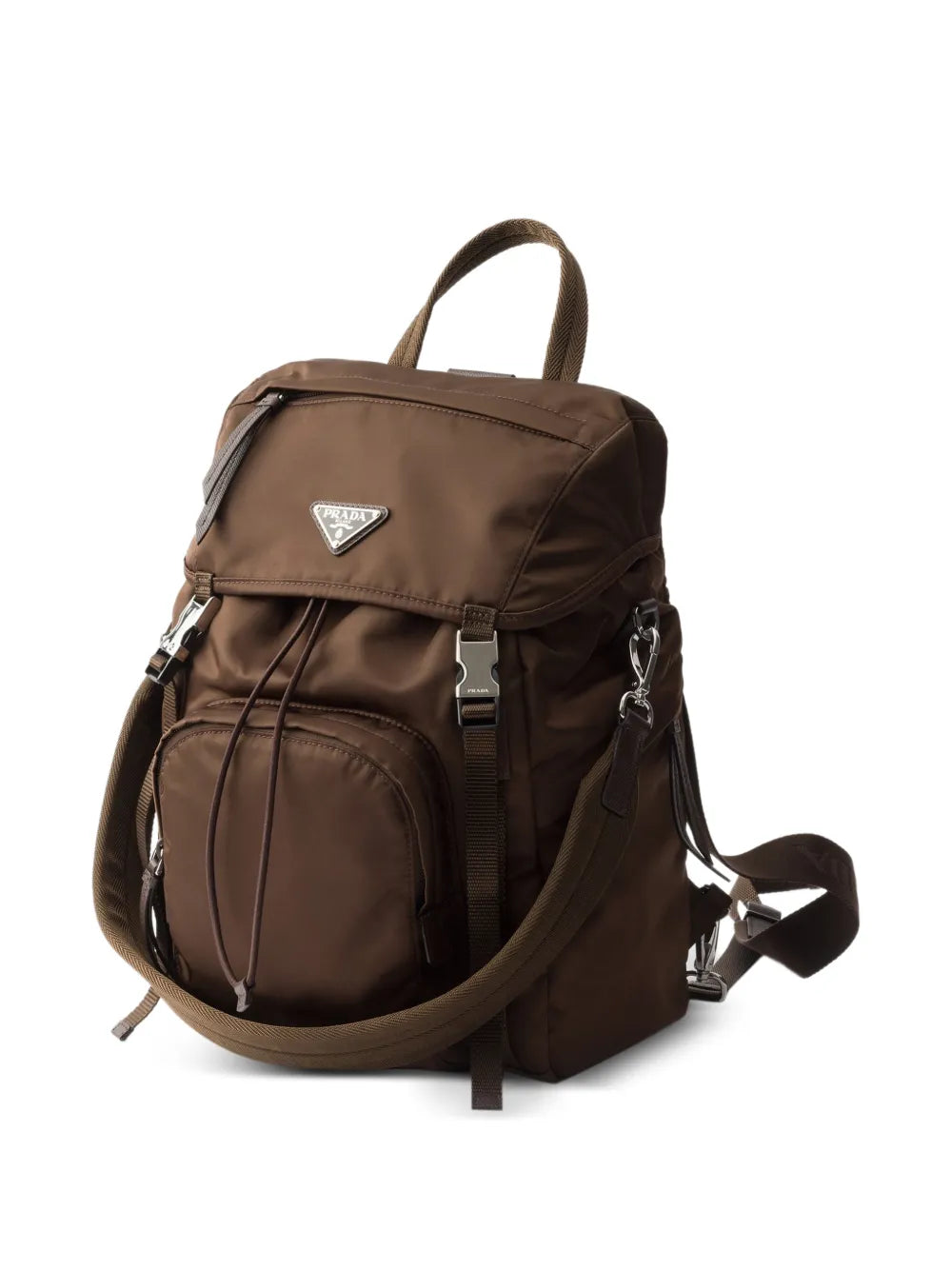 Prada Re-Nylon Backpack in Brown, side — The Quiet Edition