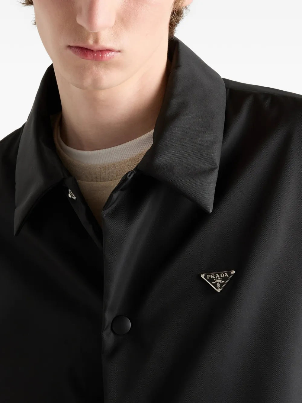 Prada Re-Nylon Blouson Jacket, collar and triangle logo detail | The Quiet Edition