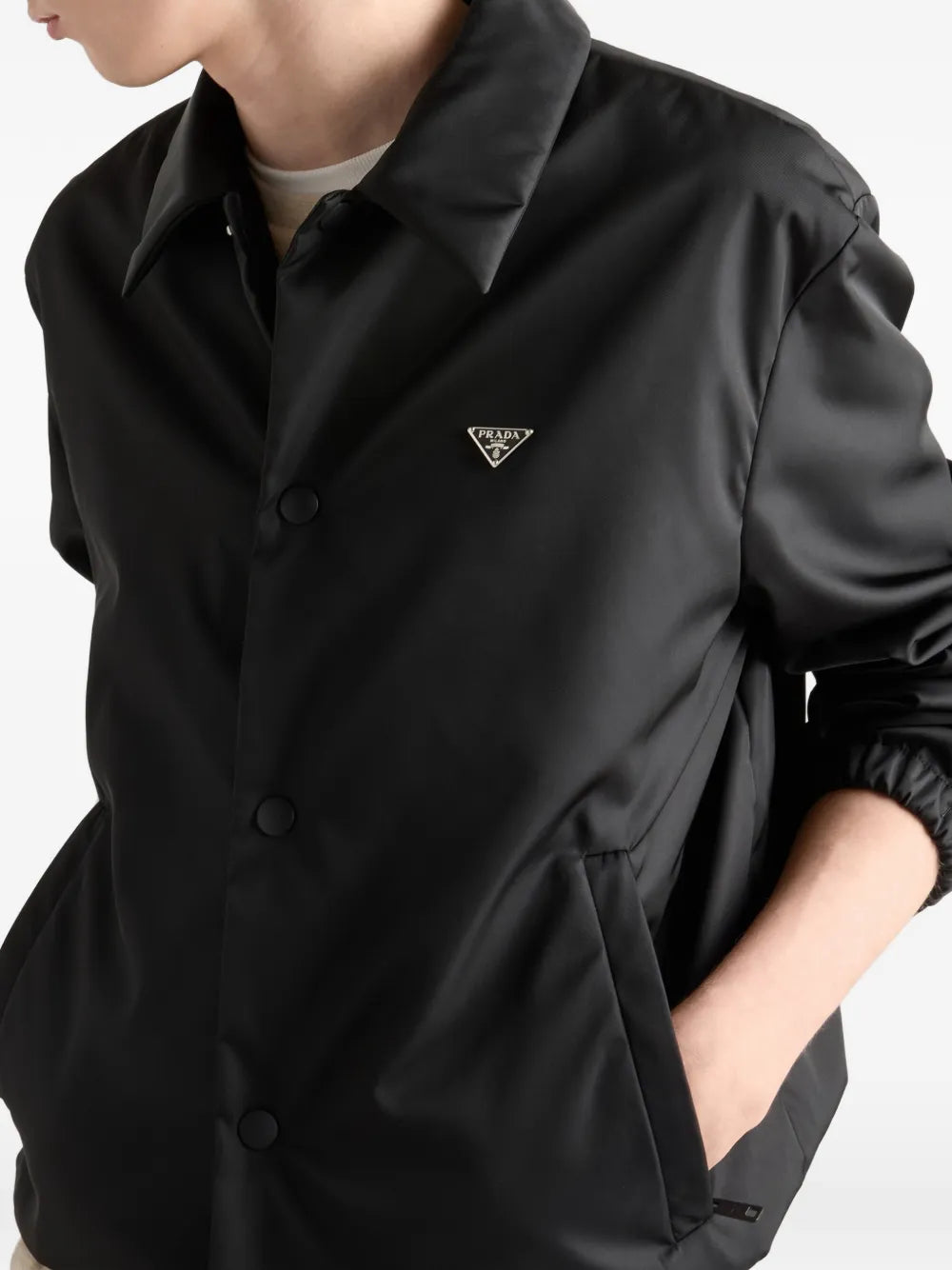 Prada Re-Nylon Blouson Jacket, worn three-quarter angle view | The Quiet Edition