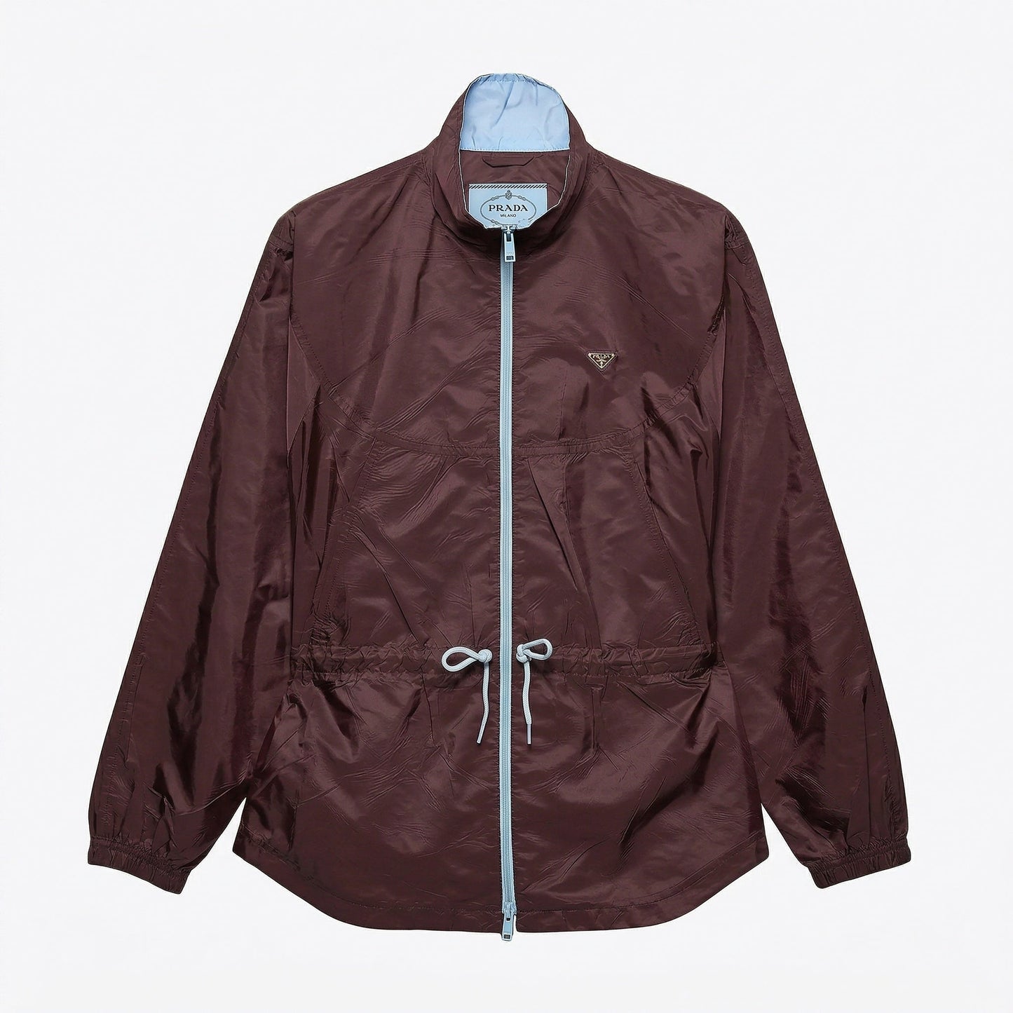 Prada Re-Nylon blouson jacket in burgundy, front view — The Quiet Edition