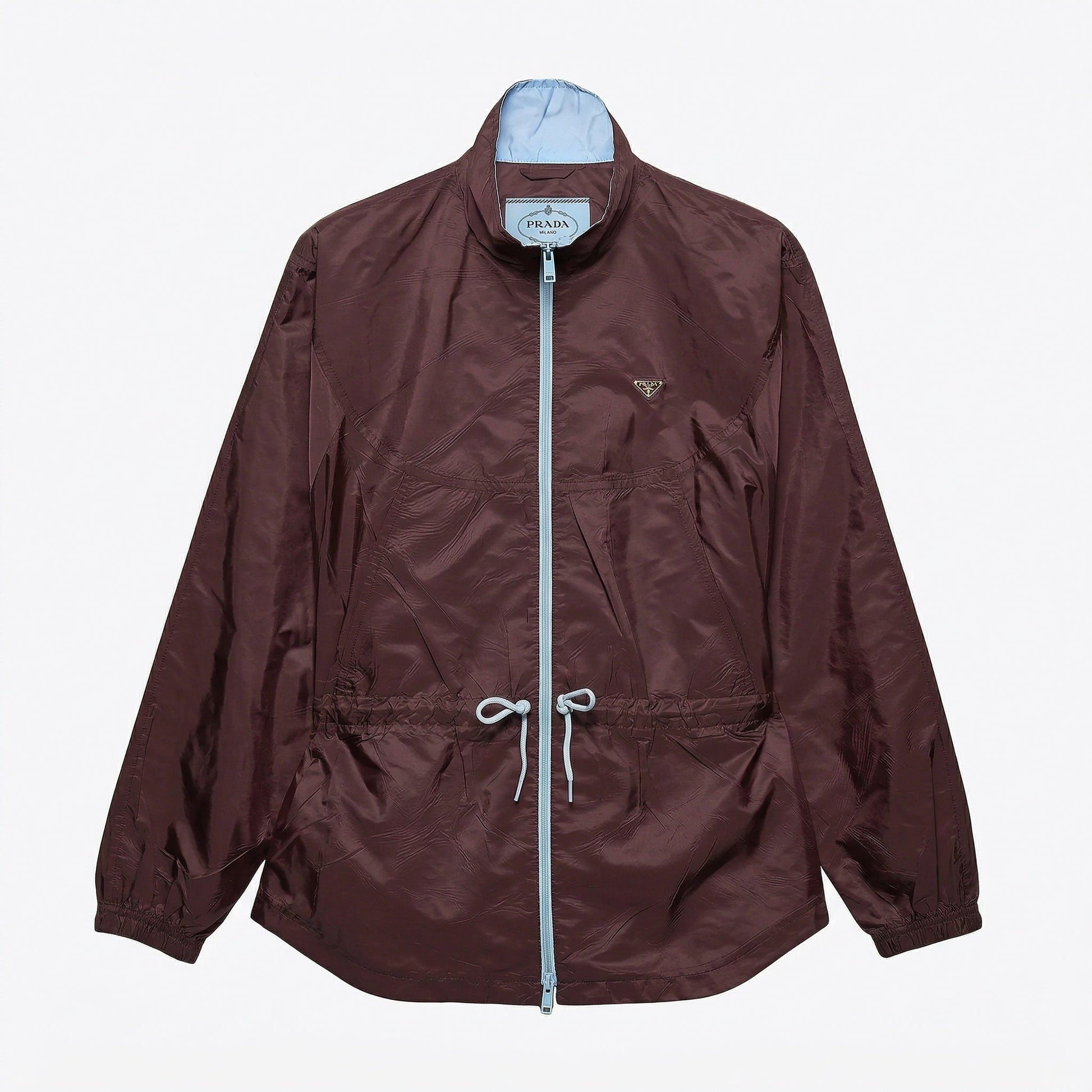 Prada Re-Nylon blouson jacket in burgundy, front view — The Quiet Edition
