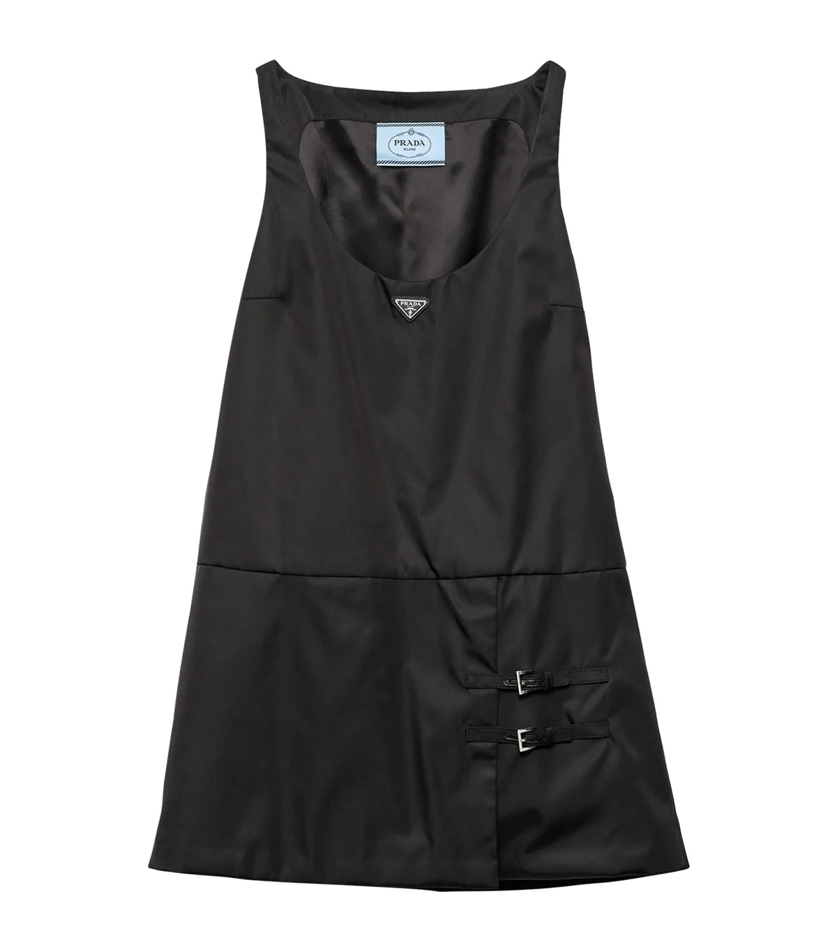 Prada Re-Nylon Buckle-Detail Mini Dress in Black, front view — The Quiet Edition