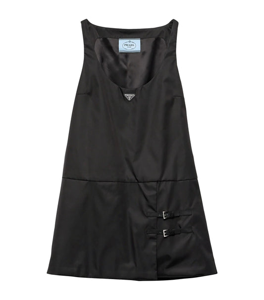 Prada Re-Nylon Buckle-Detail Mini Dress in Black, front view — The Quiet Edition
