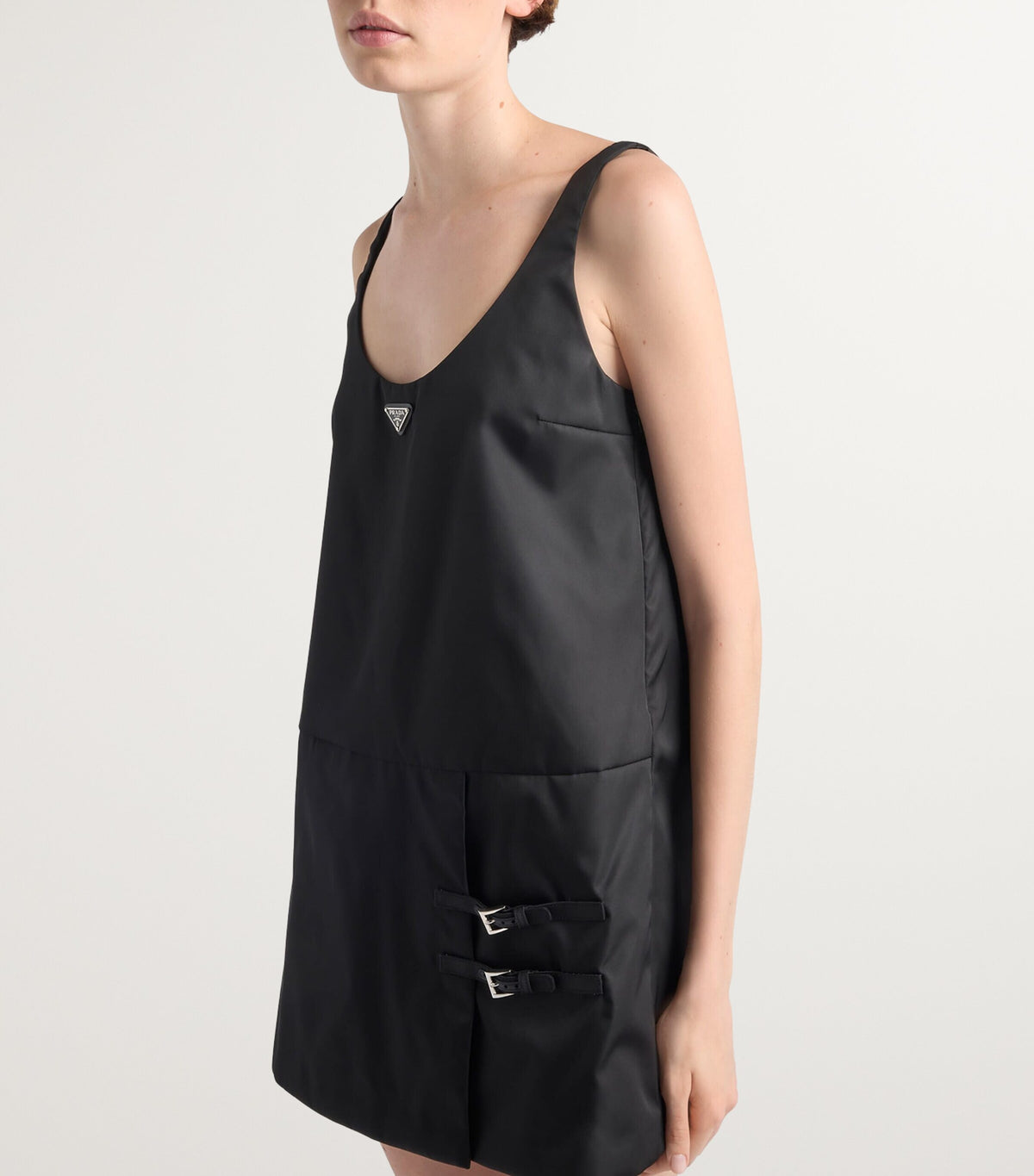 Prada Re-Nylon Buckle-Detail Mini Dress in Black, buckle and logo detail — The Quiet Edition