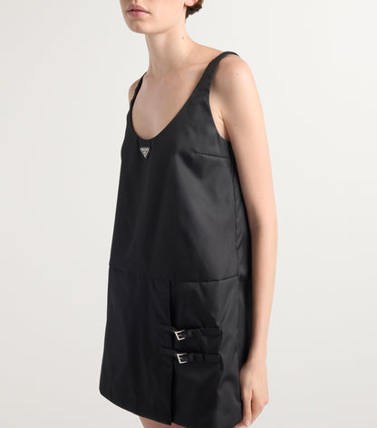 Prada Re-Nylon Buckle-Detail Mini Dress in Black, buckle and logo detail — The Quiet Edition