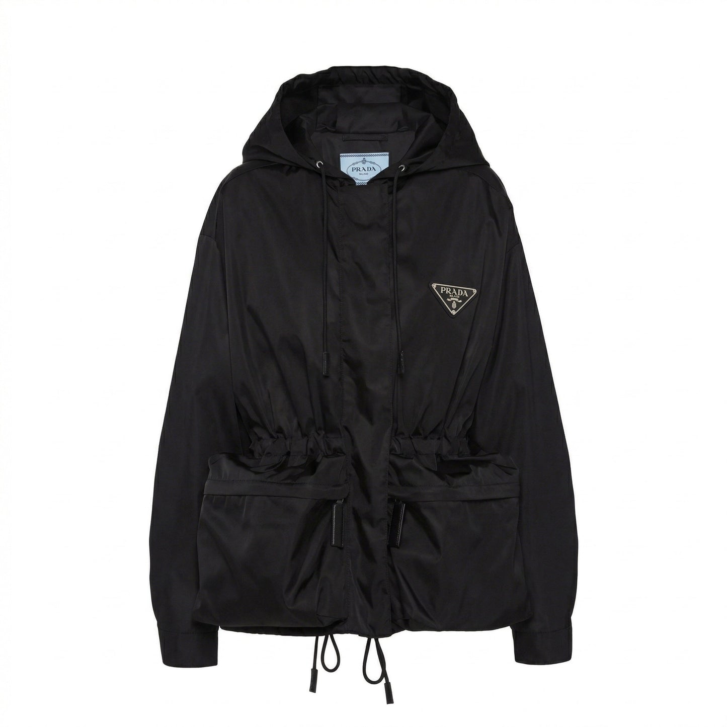 Prada Re-Nylon hooded jacket in black, front view — The Quiet Edition
