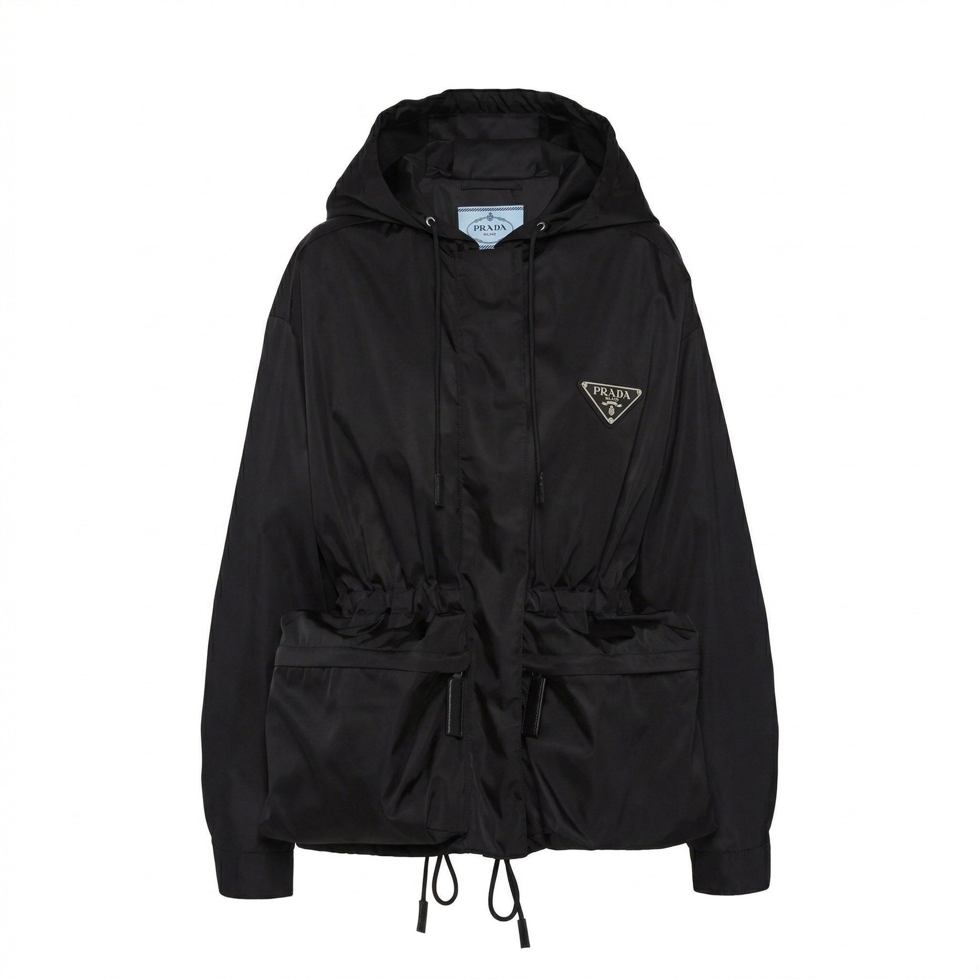 Prada Re-Nylon hooded jacket in black, front view — The Quiet Edition