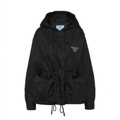 Prada Re-Nylon hooded jacket in black, front view — The Quiet Edition
