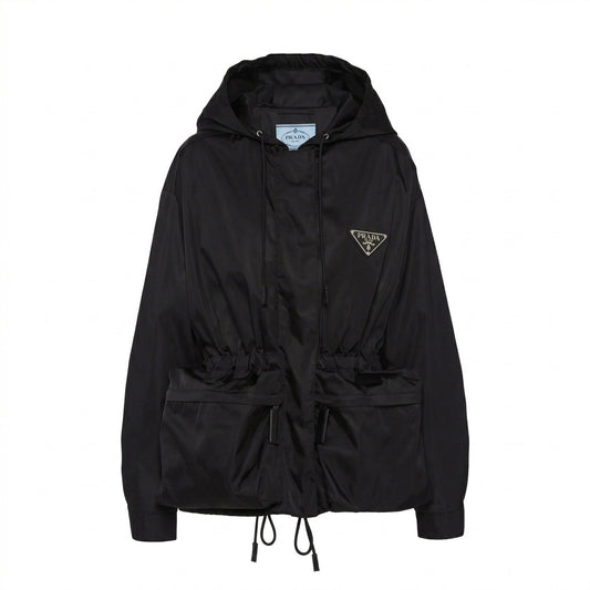 Prada Re-Nylon hooded jacket in black, front view — The Quiet Edition