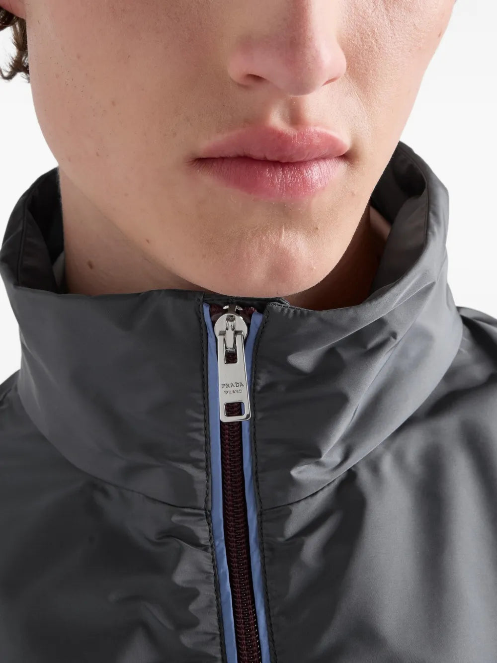 Prada Re-Nylon Jacket in grey, collar and zip detail — The Quiet Edition
