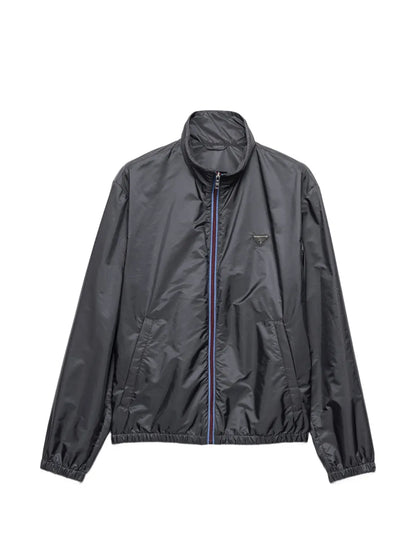 Prada Re-Nylon Jacket in grey, front view — The Quiet Edition