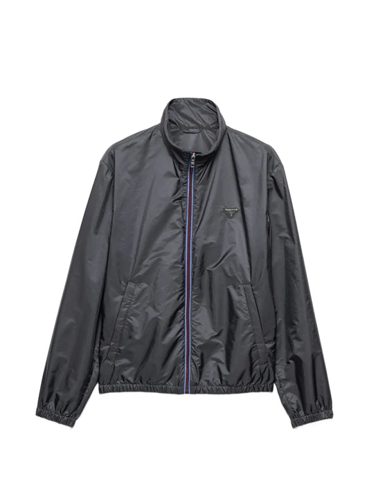 Prada Re-Nylon Jacket in grey, front view — The Quiet Edition