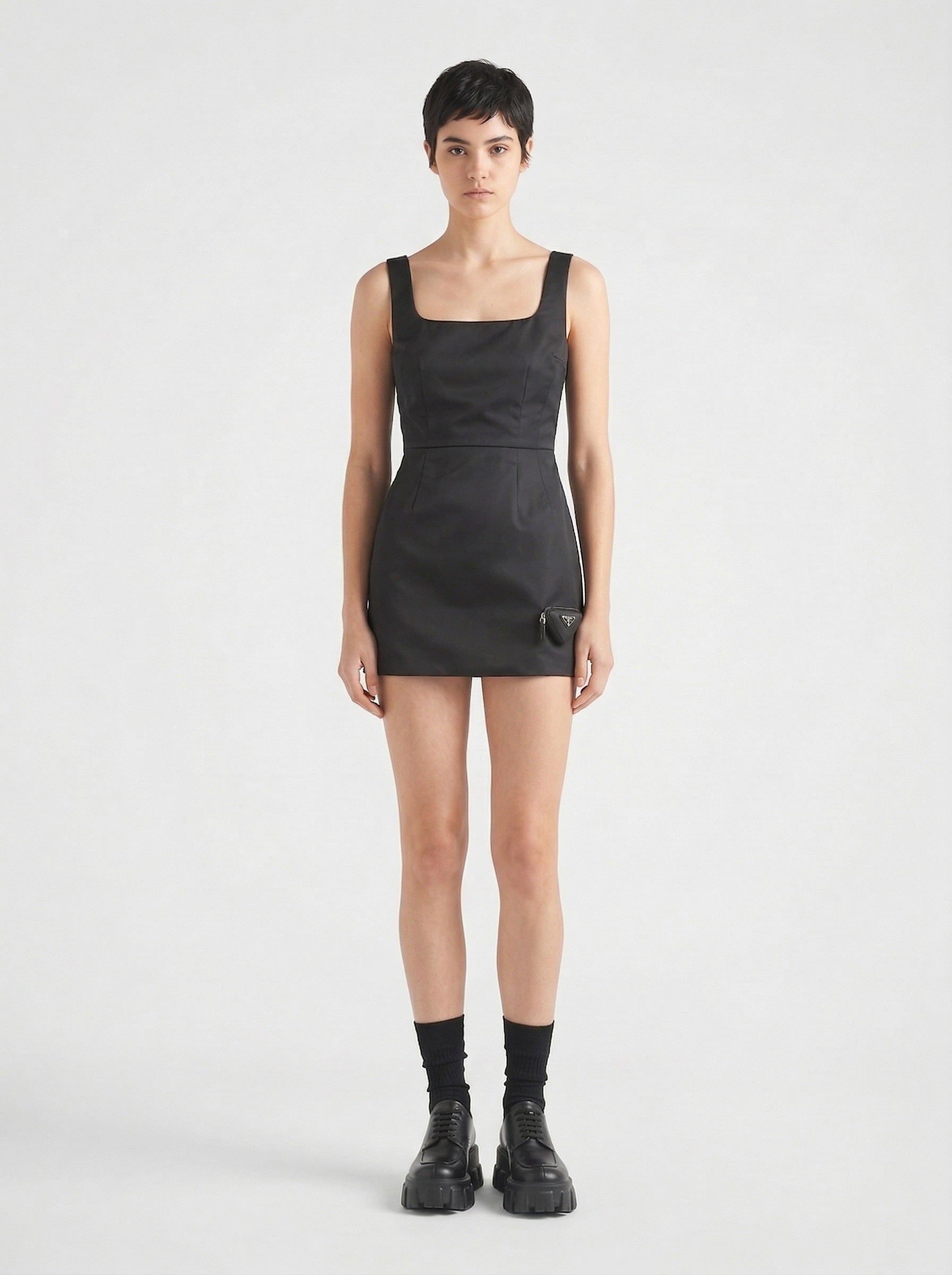 Prada Re-Nylon mini dress, model front — The Quiet Edition