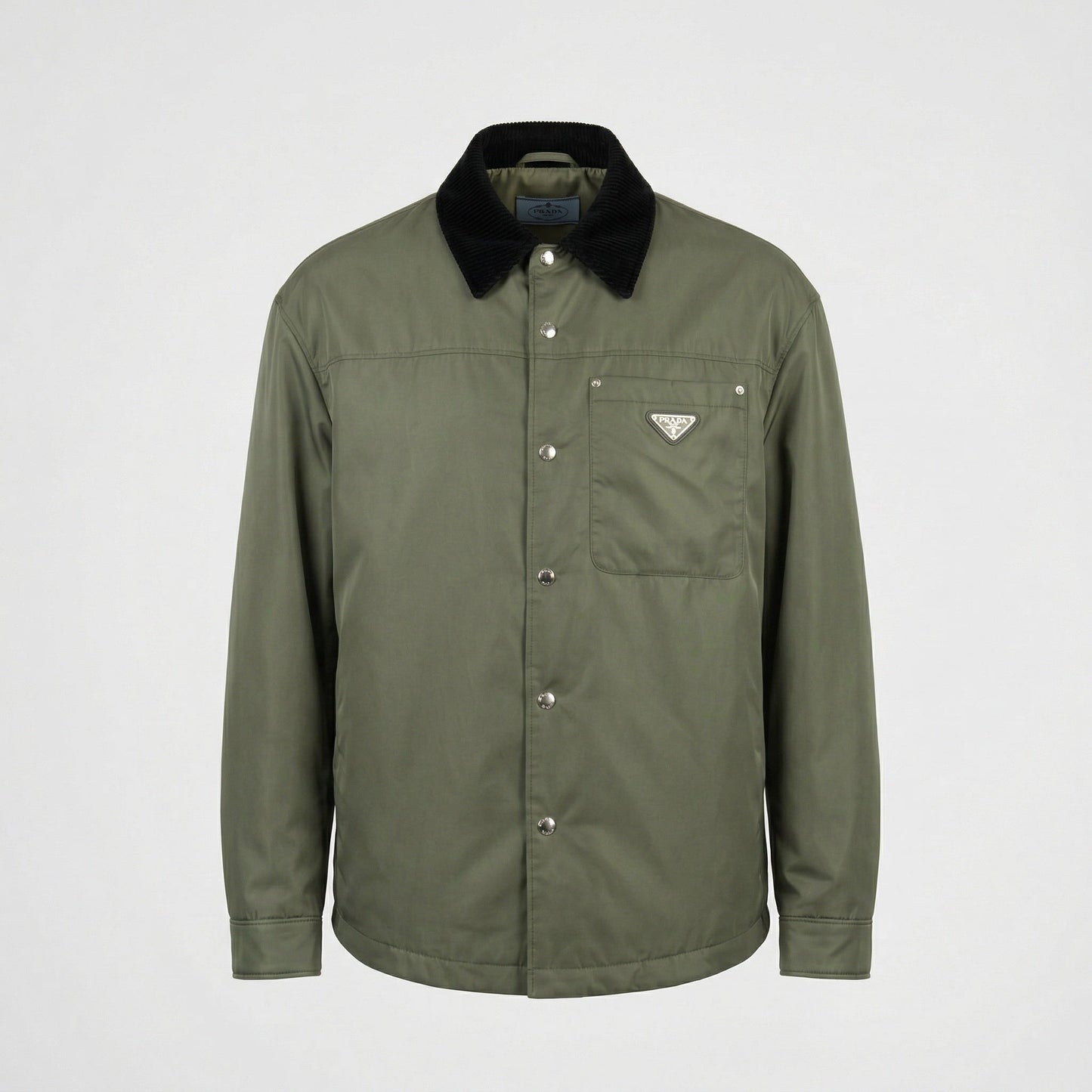 Prada Re-Nylon snap button overshirt in Green, front product — The Quiet Edition