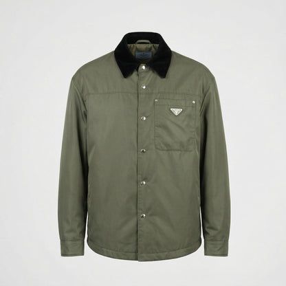Prada Re-Nylon snap button overshirt in Green, front product — The Quiet Edition