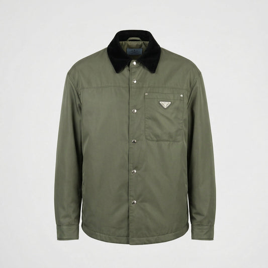 Prada Re-Nylon snap button overshirt in Green, front product — The Quiet Edition
