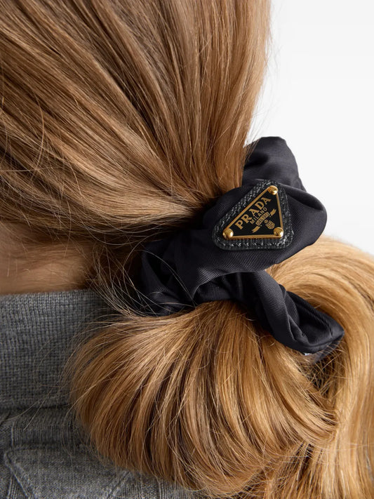 Prada Re-Nylon Scrunchie in Black, angle — The Quiet Edition