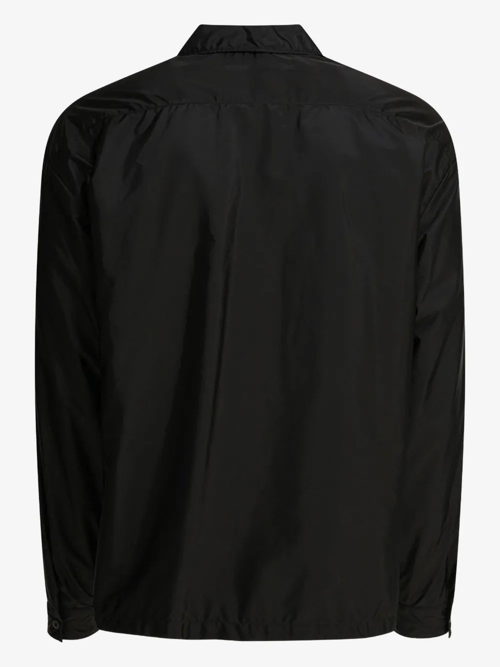 Prada Re-Nylon Zipper Shirt in black, back view showing shoulder yoke and elasticated hem