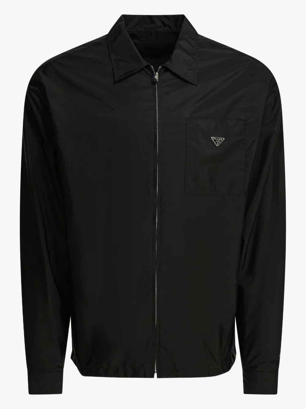 Prada Re-Nylon Zipper Shirt in black, front view with silver zip and enamel triangle logo chest pocket