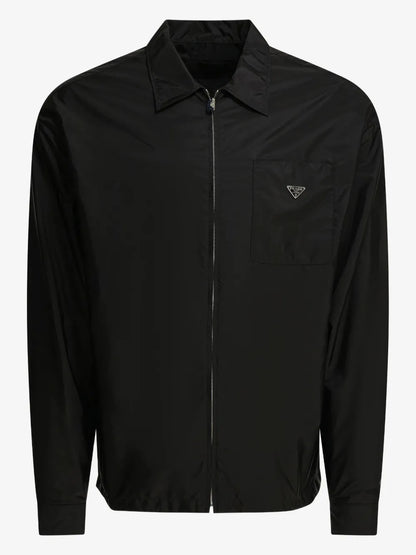 Prada Re-Nylon Zipper Shirt in black, front view with silver zip and enamel triangle logo chest pocket