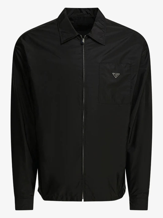 Prada Re-Nylon Zipper Shirt in black, front view with silver zip and enamel triangle logo chest pocket