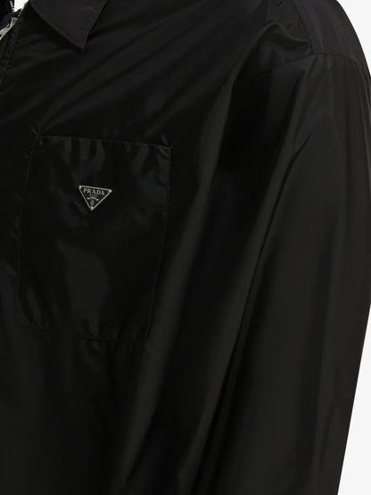 Prada Re-Nylon Zipper Shirt detail, enamel triangle logo plaque on the black chest patch pocket