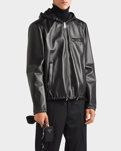 Prada reversible nappa leather and Re-Nylon jacket worn leather side out, hood down, drawstring hem