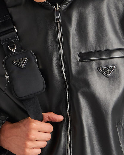 Prada reversible nappa leather and Re-Nylon jacket detail, enamelled triangle logo, welt pocket and zip