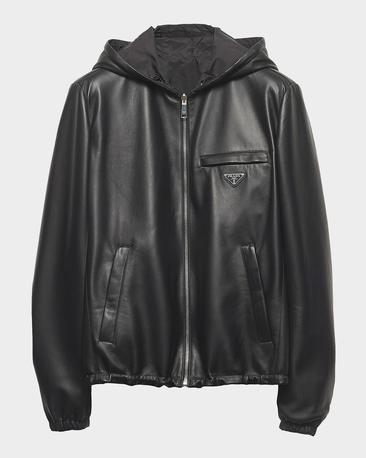 Prada reversible nappa leather and Re-Nylon jacket, leather side out, flat front with hood and triangle logo