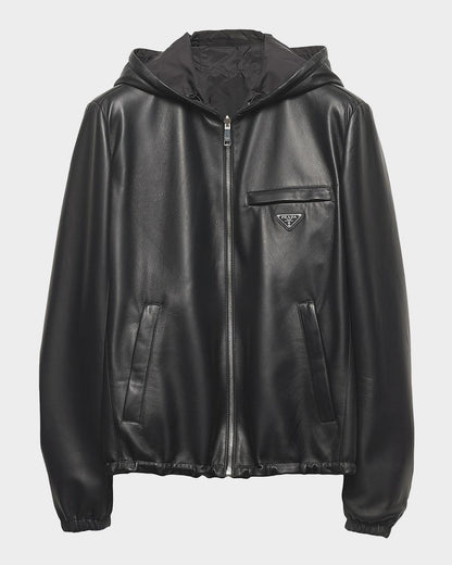 Prada reversible nappa leather and Re-Nylon jacket, leather side out, flat front with hood and triangle logo