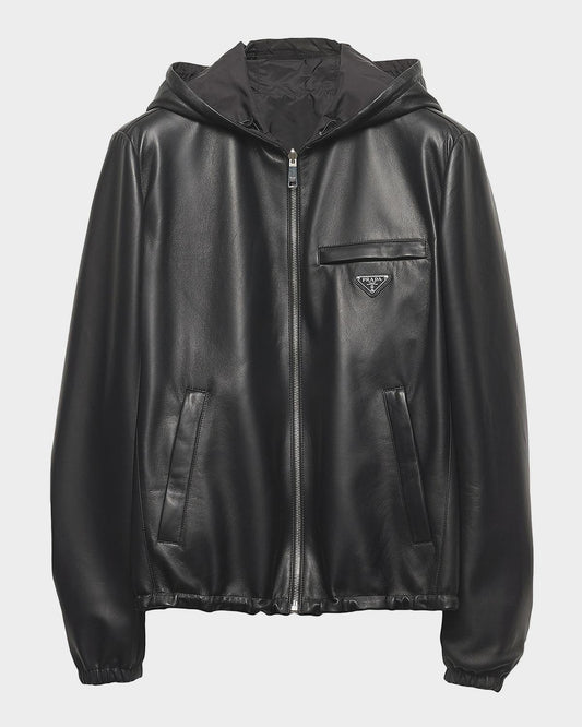 Prada reversible nappa leather and Re-Nylon jacket, leather side out, flat front with hood and triangle logo
