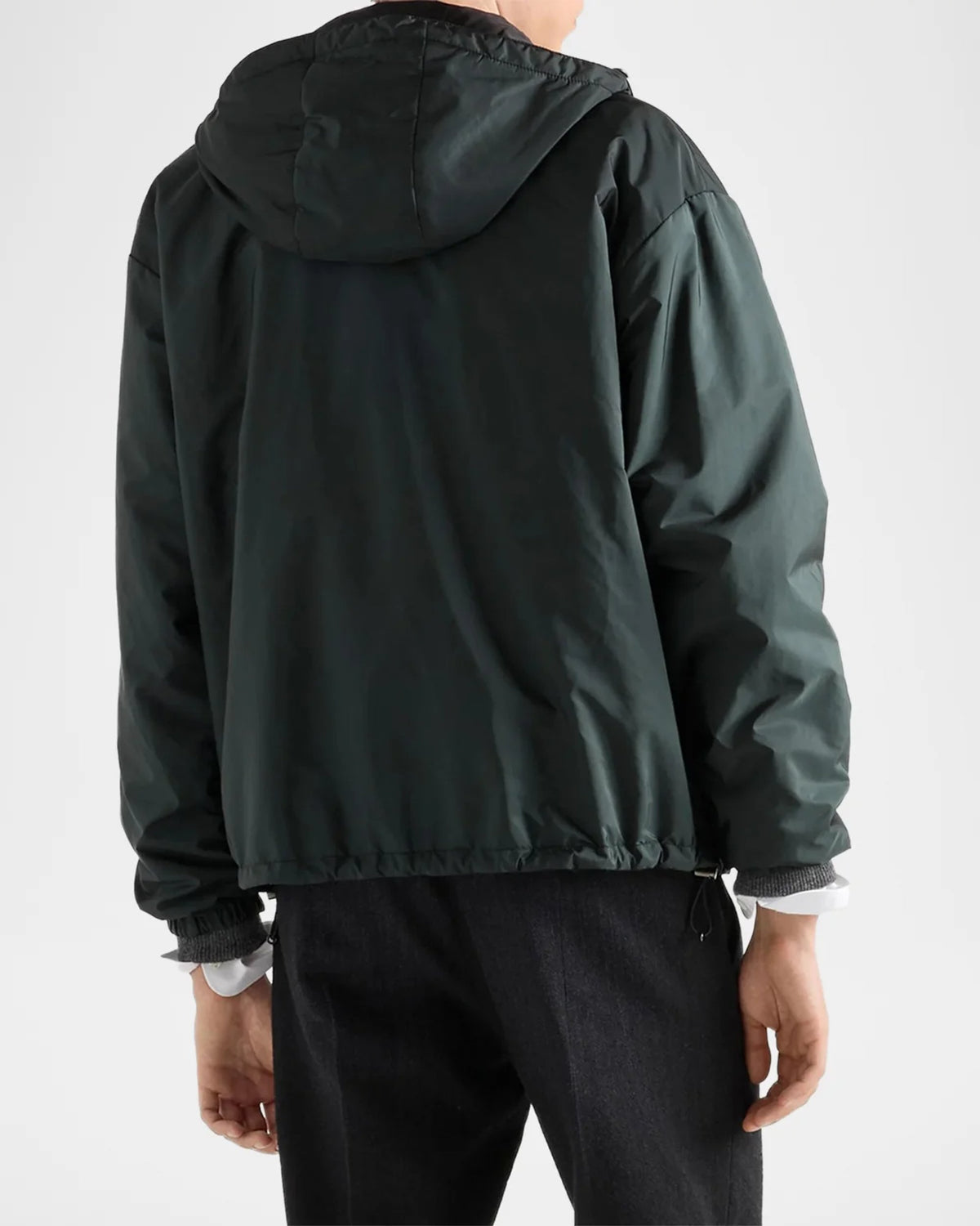 Prada Reversible Re-Nylon Jacket in green, worn back view