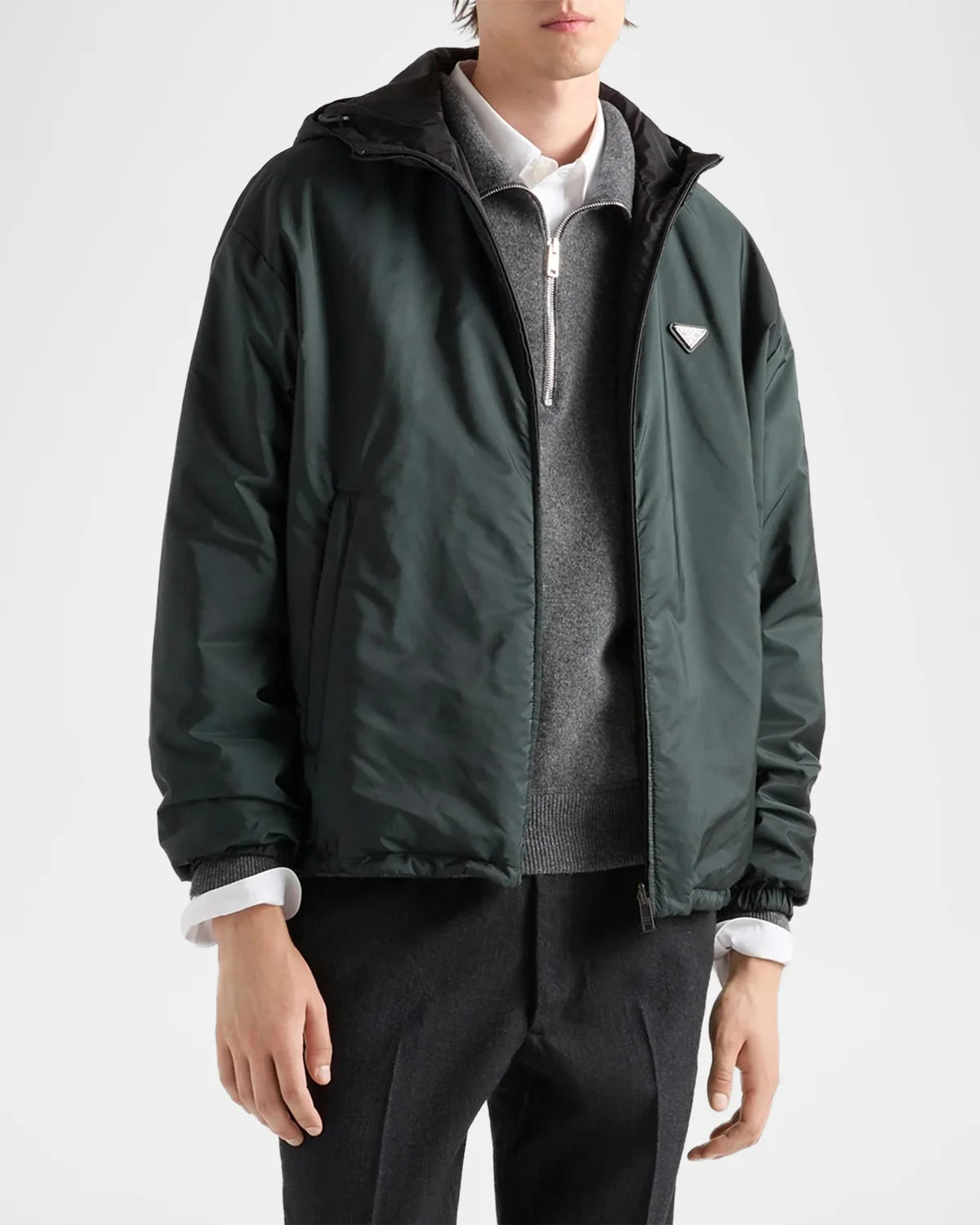 Prada Reversible Re-Nylon Jacket in green, worn front view